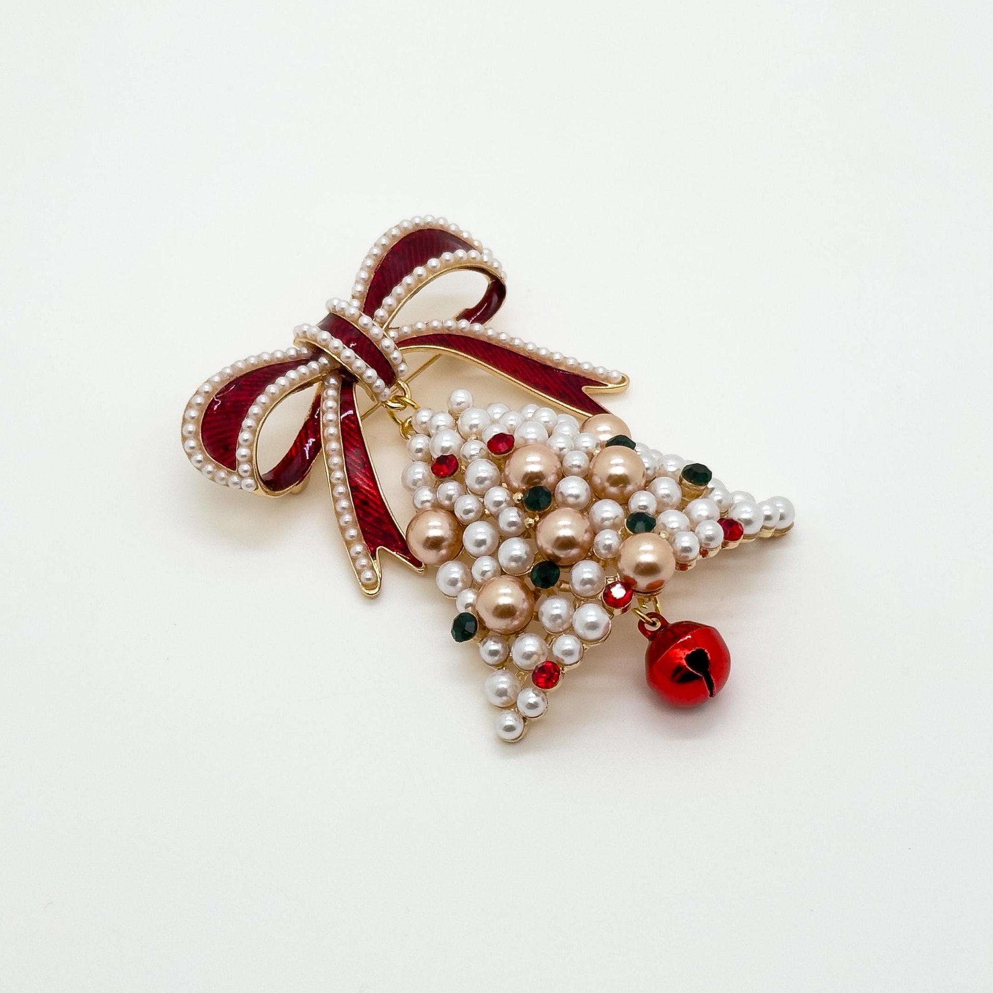 Handmade Pearl Enamel Christmas Tree Brooch with Bow Detail