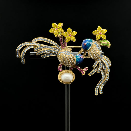 Vintage Art Deco Bird Brooch with Rhinestones and Enamel