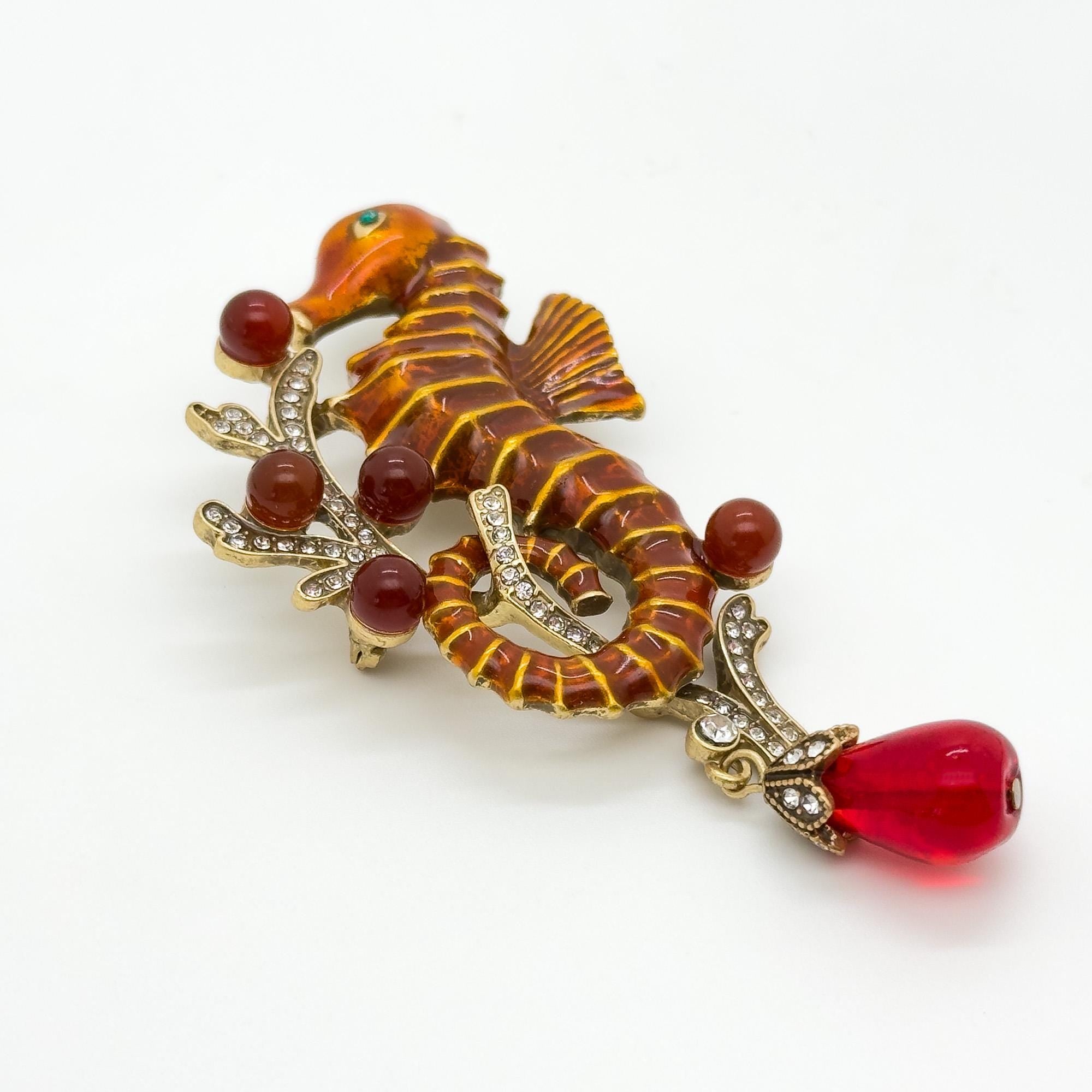 Vintage Art Deco Red Seahorse Brooch Rhinestone Enamel Copper Pin