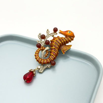 Vintage Art Deco Red Seahorse Brooch Rhinestone Enamel Copper Pin