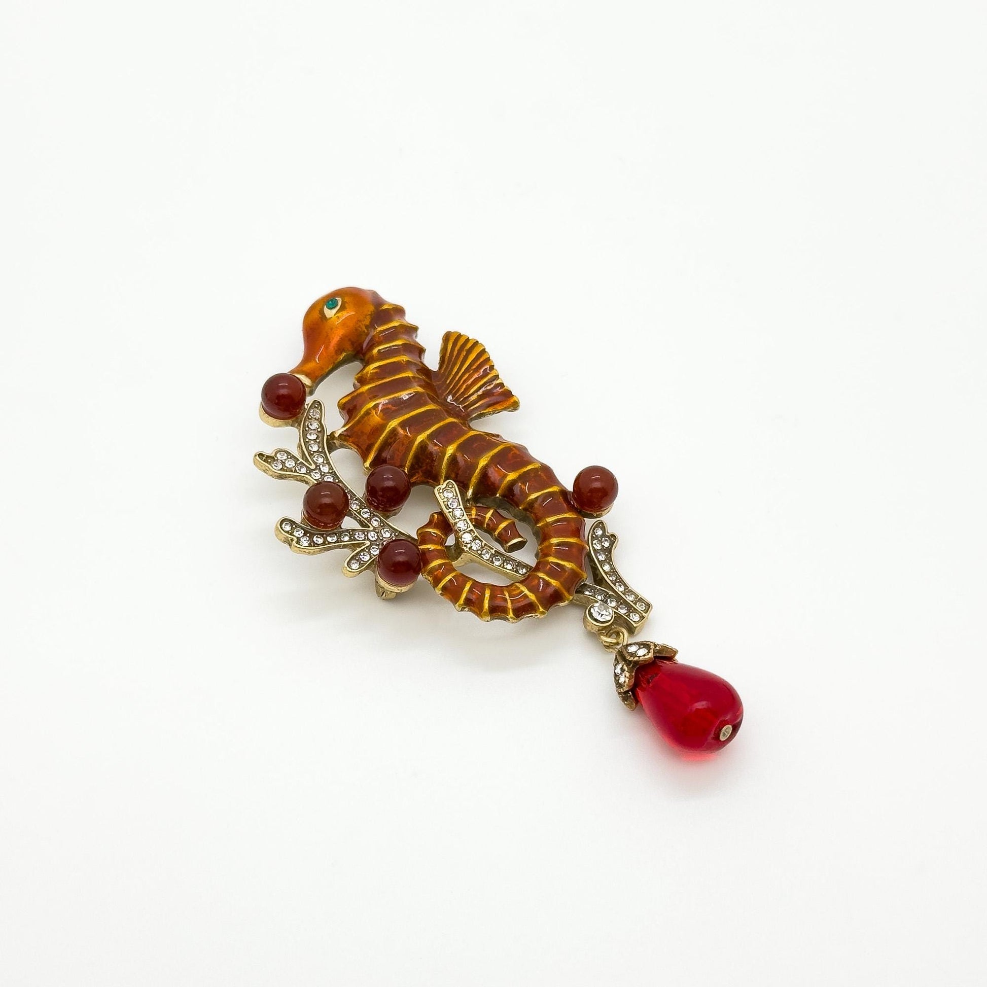 Vintage Art Deco Red Seahorse Brooch Rhinestone Enamel Copper Pin