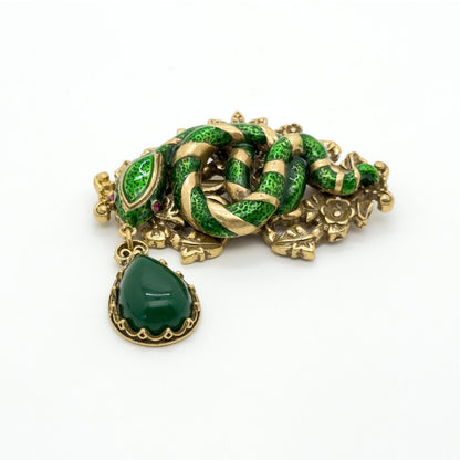Vintage Art Deco Snake Enamel Brooch Copper Pendant Pin