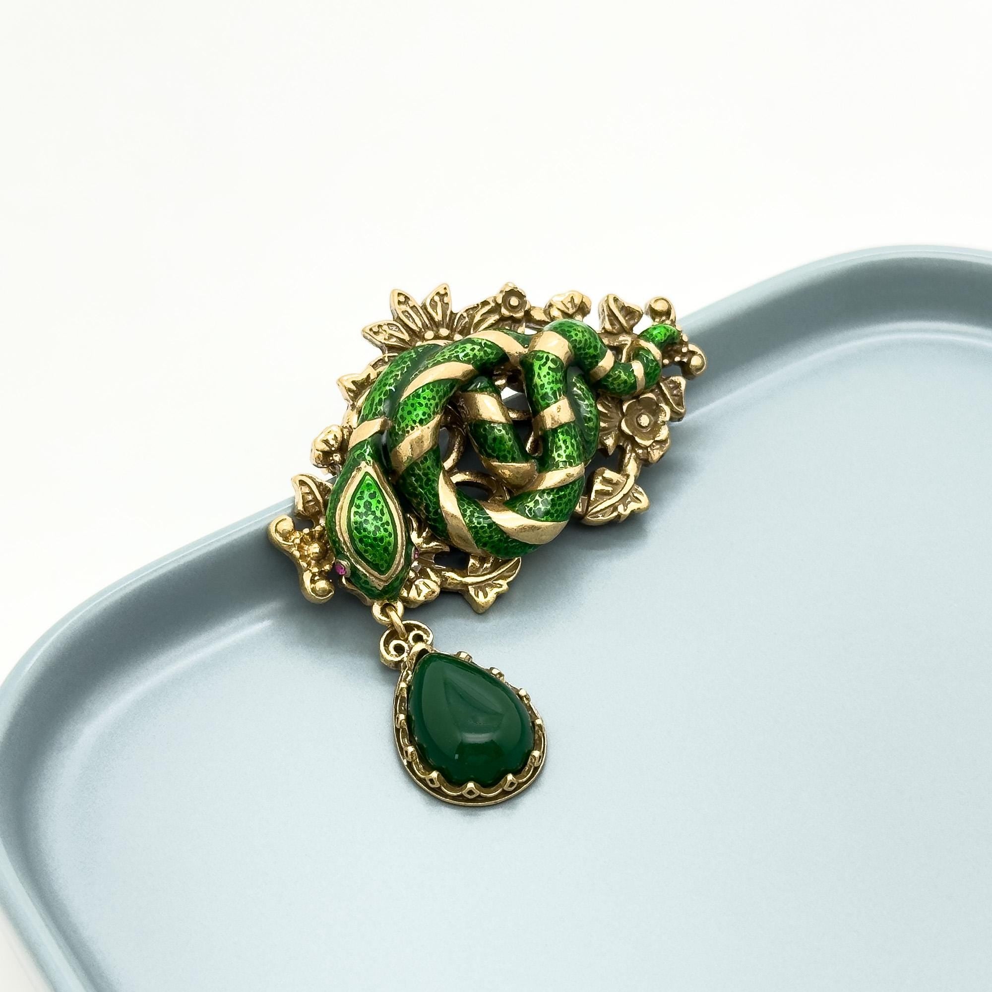 Vintage Art Deco Snake Enamel Brooch Copper Pendant Pin