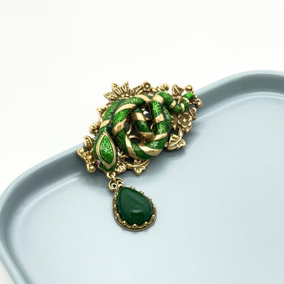 Vintage Art Deco Snake Enamel Brooch Copper Pendant Pin