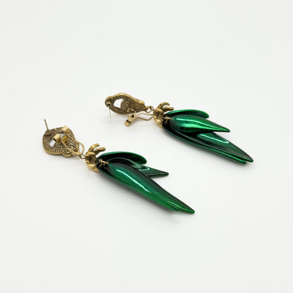 Vintage Art Deco Beetle Wings Emerald Enamel Zircon Stud Earrings