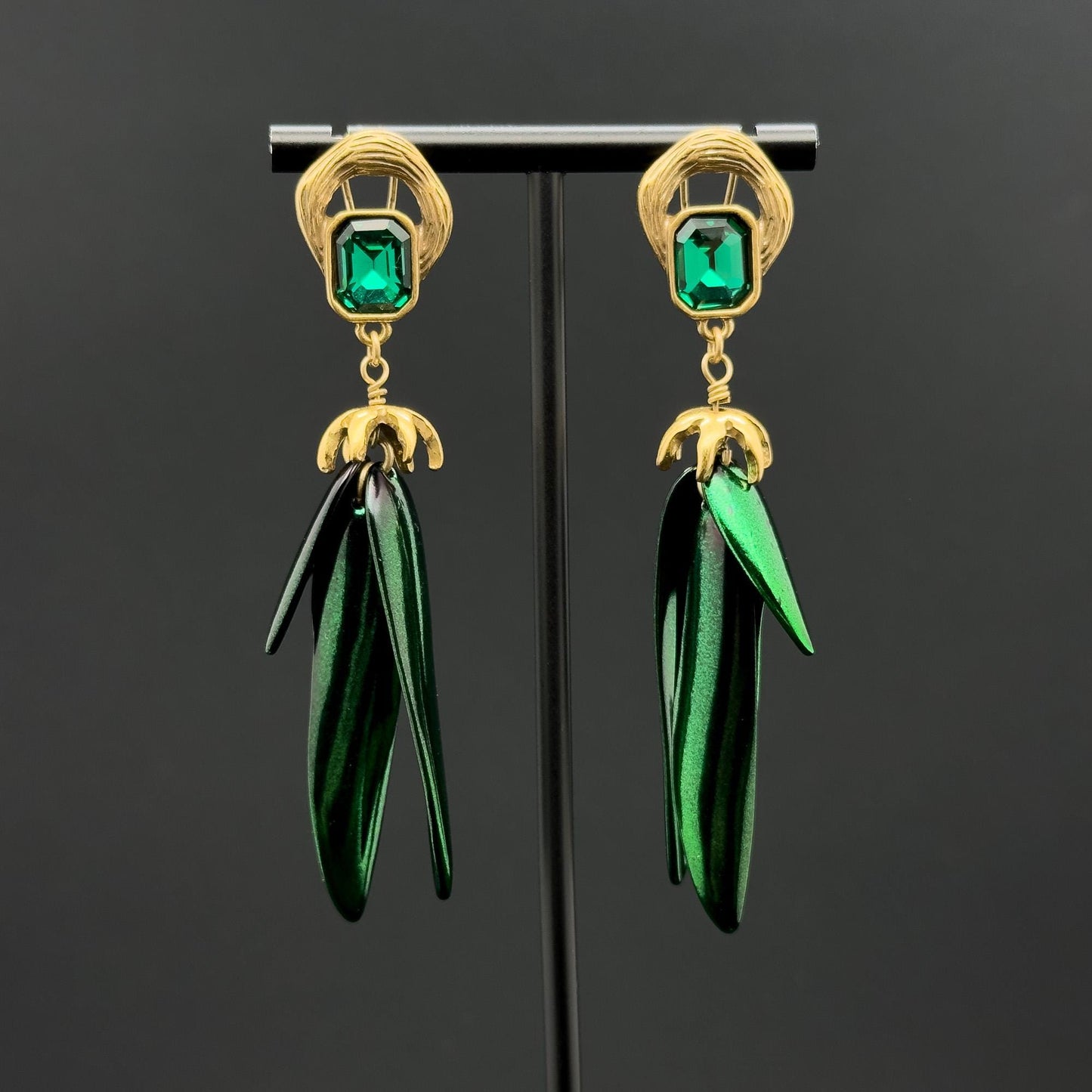 Vintage Art Deco Beetle Wings Emerald Enamel Zircon Stud Earrings