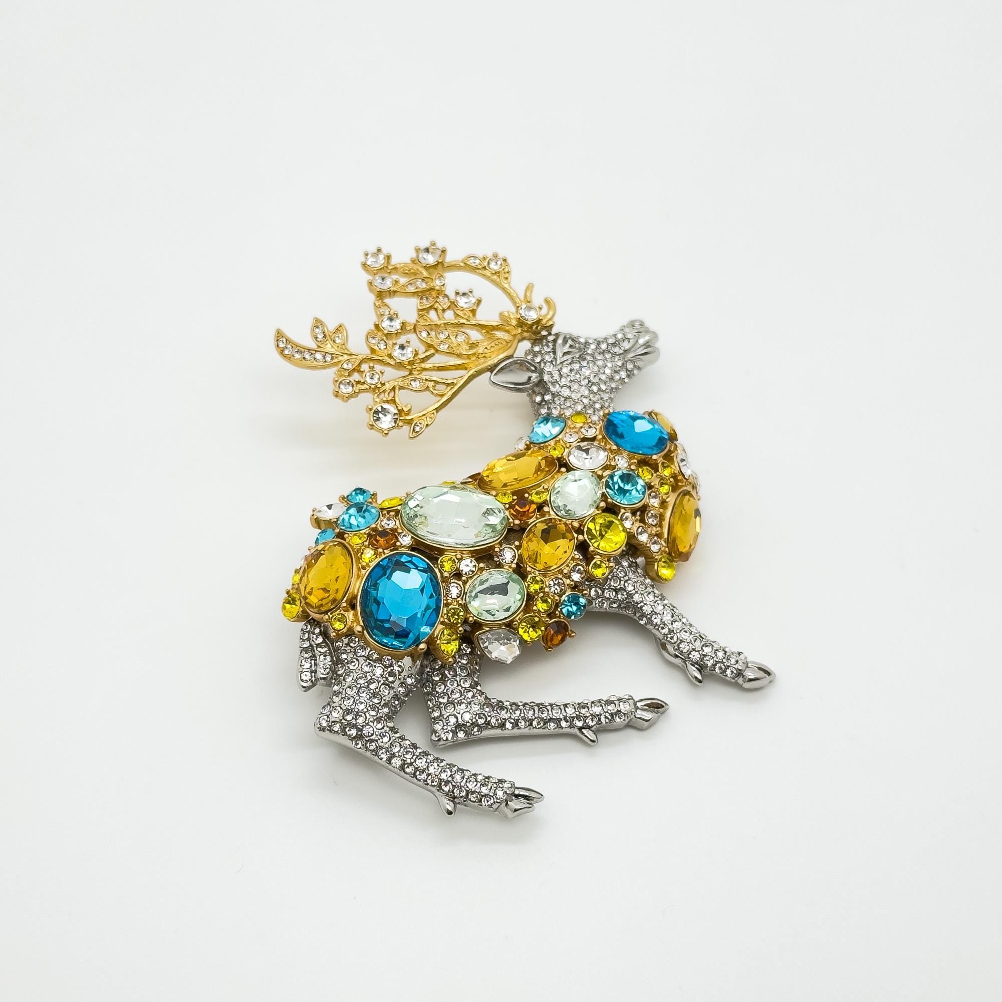 Art Deco Crystal Elk Brooch Large Rhinestone Coat Jewellery Pin