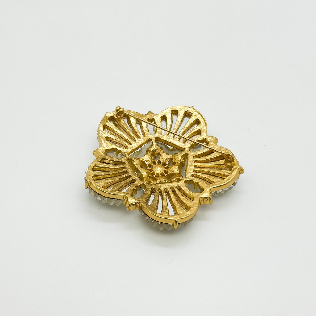Art Deco Crystal Flower Shell Brooch Pin with Copper Backing