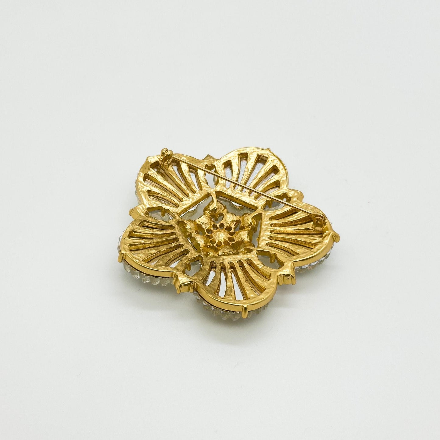 Art Deco Crystal Flower Shell Brooch Pin with Copper Backing