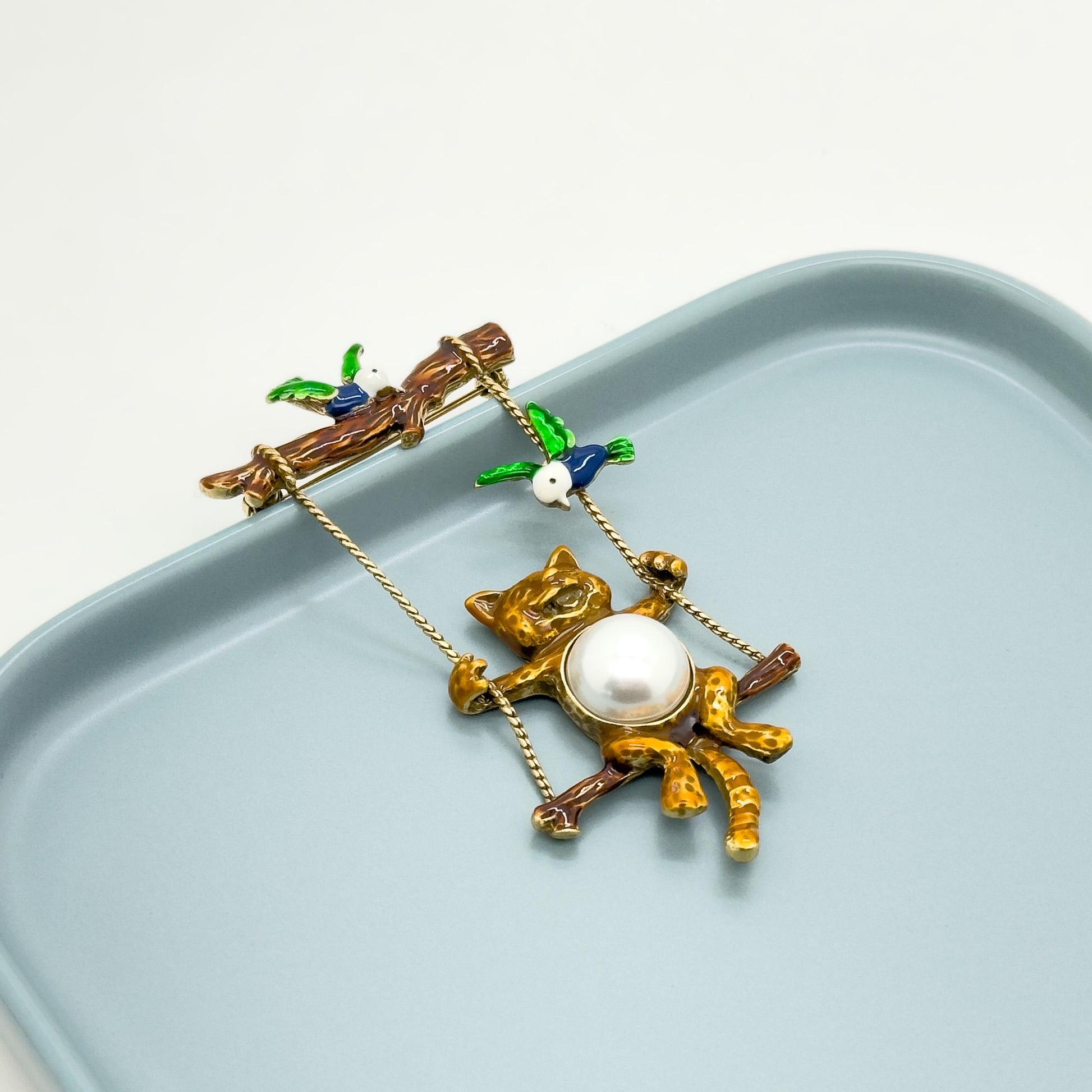 Vintage Art Deco Enamel Brooch with Pearls and Copper Details