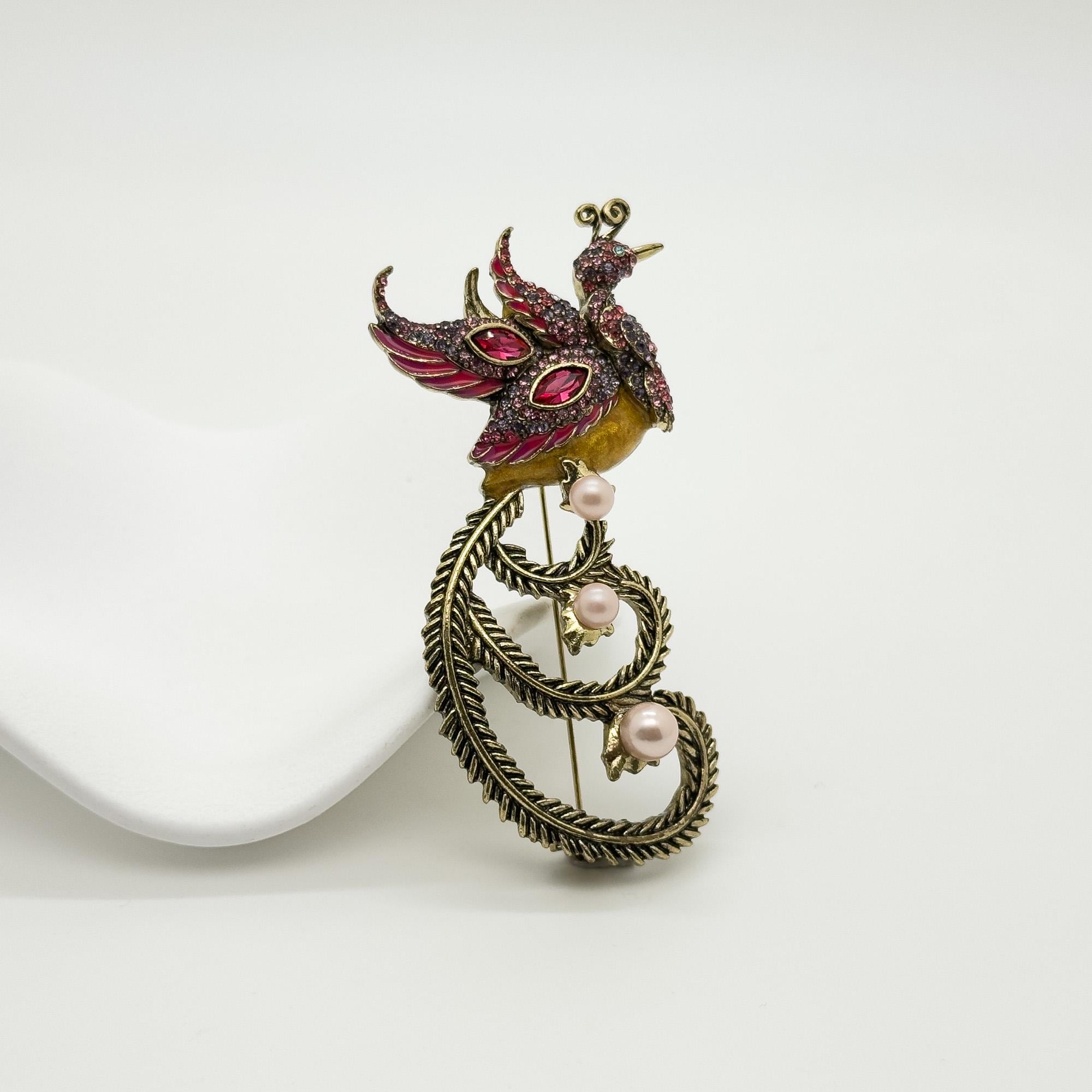 Vintage Art Deco Phoenix Bird Brooch with Zircon Pearls Copper