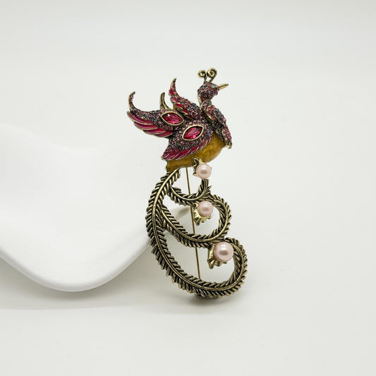 Vintage Art Deco Phoenix Bird Brooch with Zircon Pearls Copper