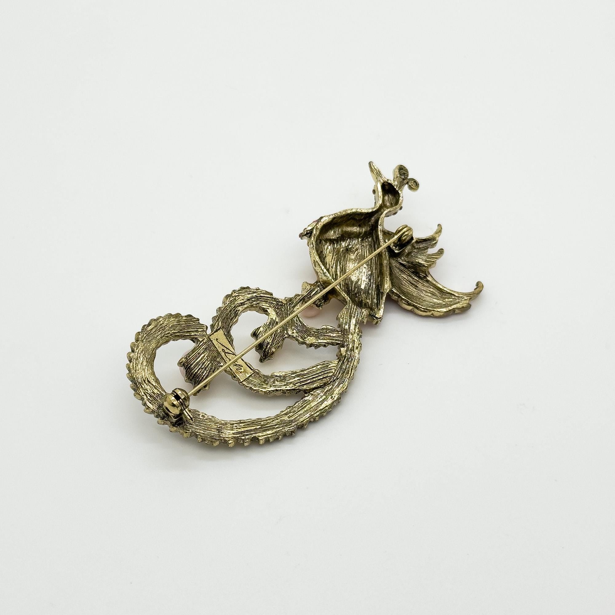 Vintage Art Deco Phoenix Bird Brooch with Zircon Pearls Copper