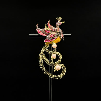 Vintage Art Deco Phoenix Bird Brooch with Zircon Pearls Copper