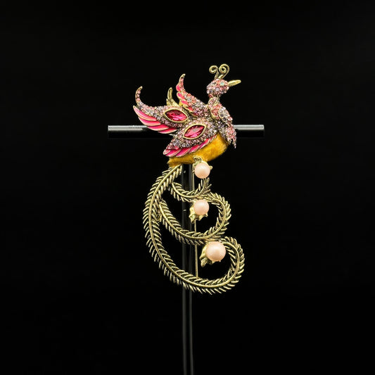 Vintage Art Deco Phoenix Bird Brooch with Zircon Pearls Copper