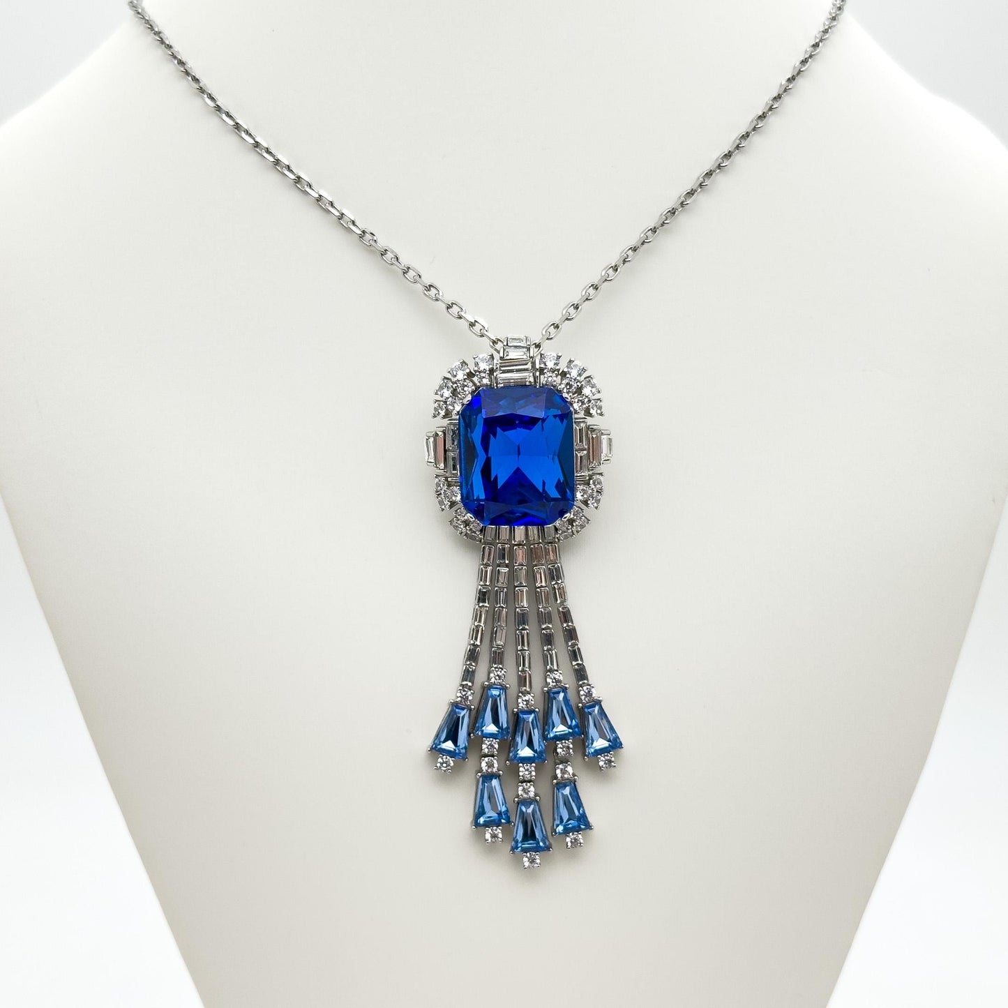 Blue Zircon Pendant Necklace and Brooch – Dual-Purpose Statement Jewellery