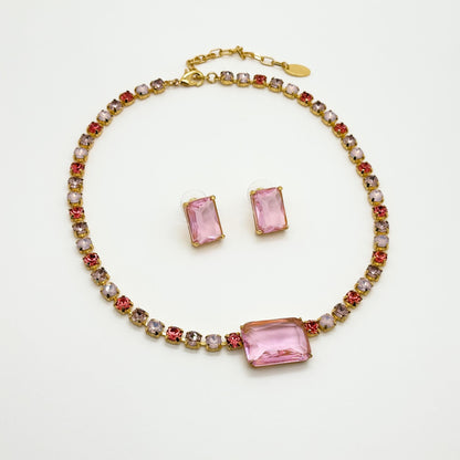 Pink Zircon Pendant Necklace and Earrings Gift Jewellery Set