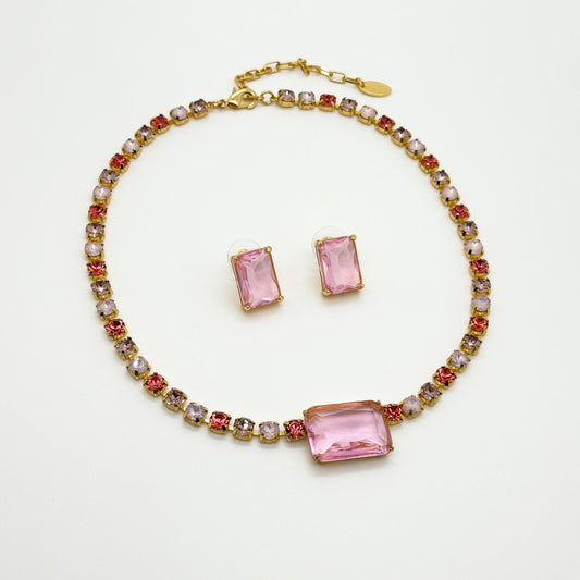 Pink Zircon Pendant Necklace and Earrings Gift Jewellery Set