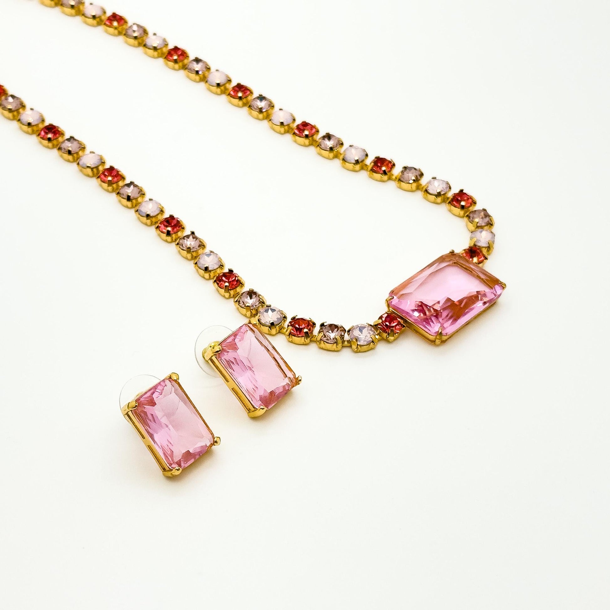 Pink Zircon Pendant Necklace and Earrings Gift Jewellery Set