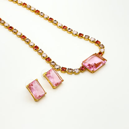 Pink Zircon Pendant Necklace and Earrings Gift Jewellery Set