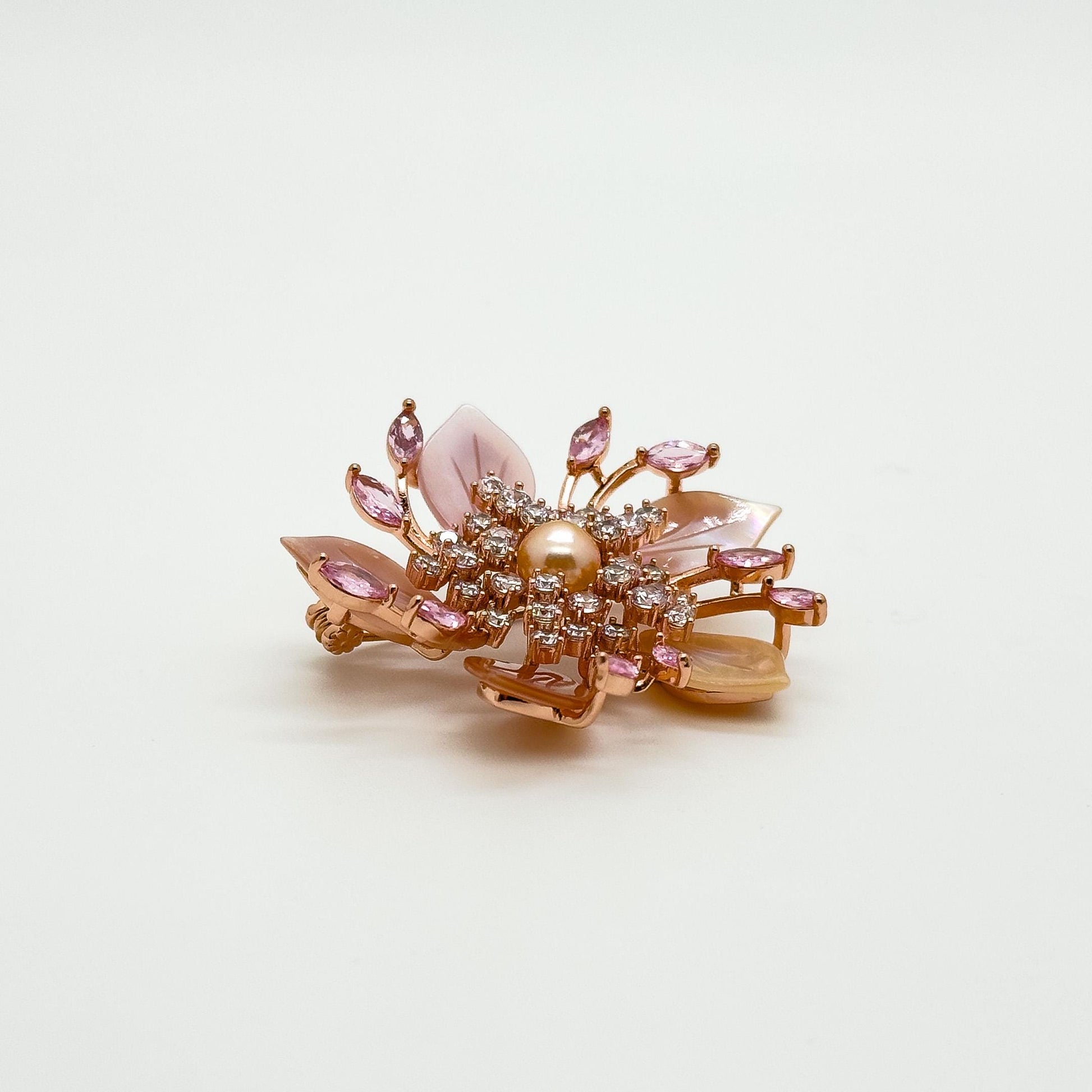 Handmade Pink Flower Brooch Shell Pearl Zircon Copper Suit Pin