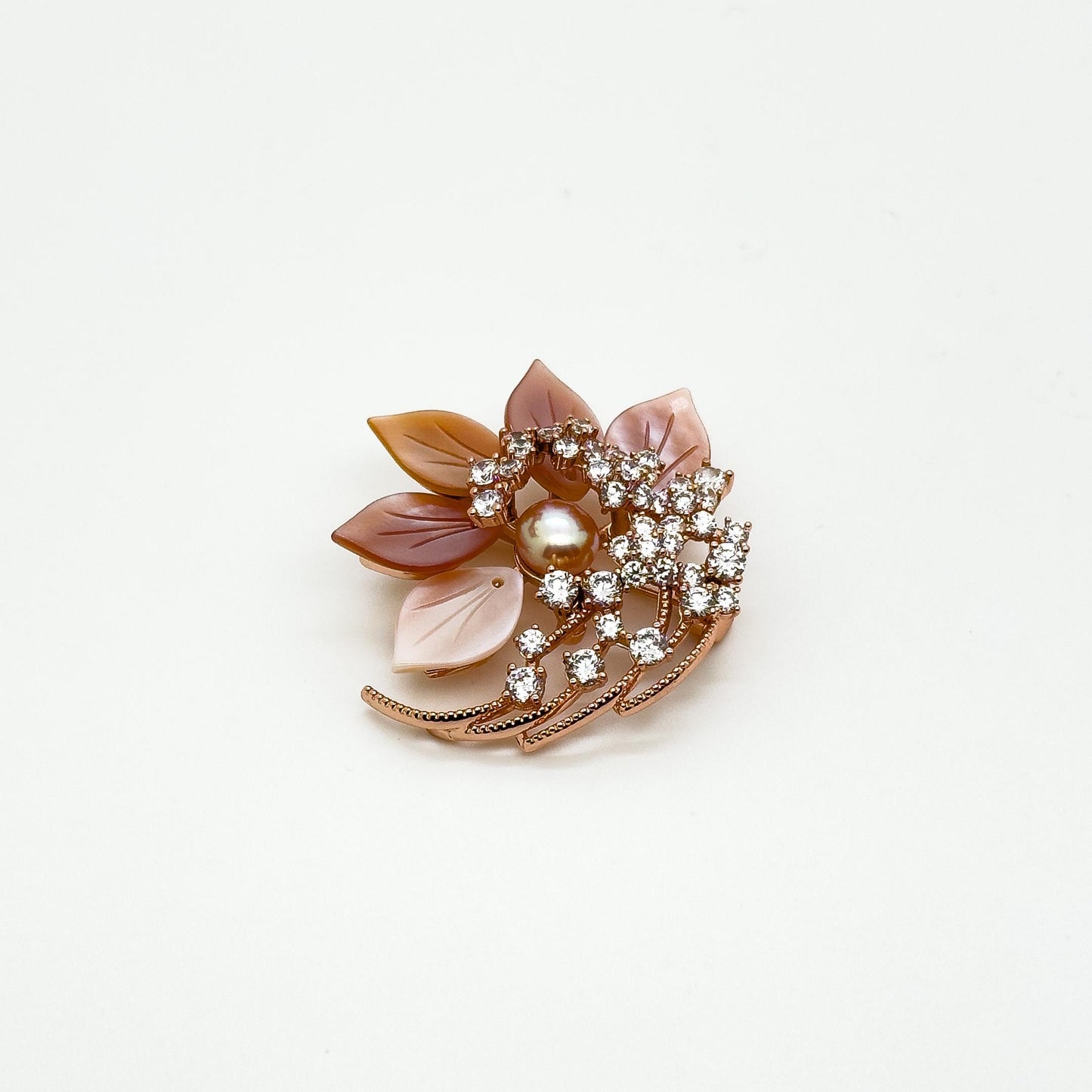 Handmade Pink Flower Brooch Shell Pearl Zircon Copper Suit Pin