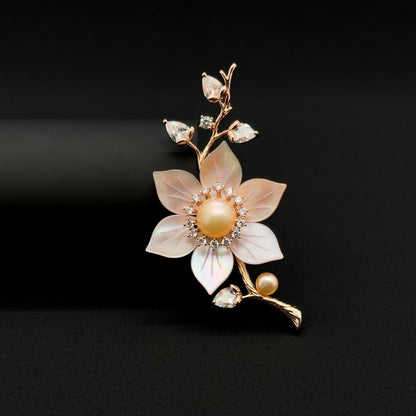 Handmade Pink Flower Brooch Shell Pearl Zircon Copper Suit Pin