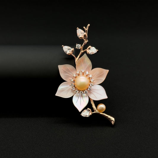 Handmade Pink Flower Brooch Shell Pearl Zircon Copper Suit Pin