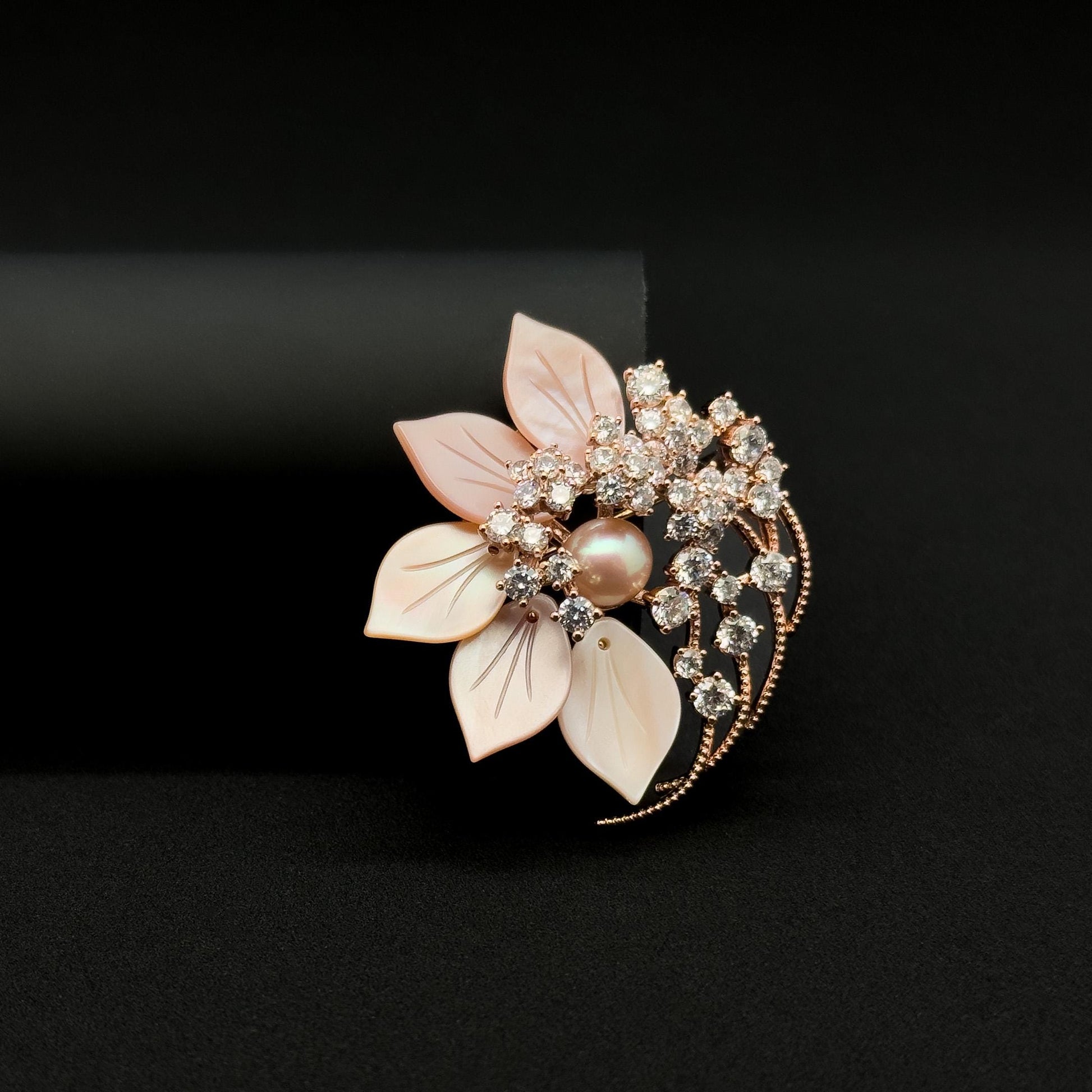 Handmade Pink Flower Brooch Shell Pearl Zircon Copper Suit Pin