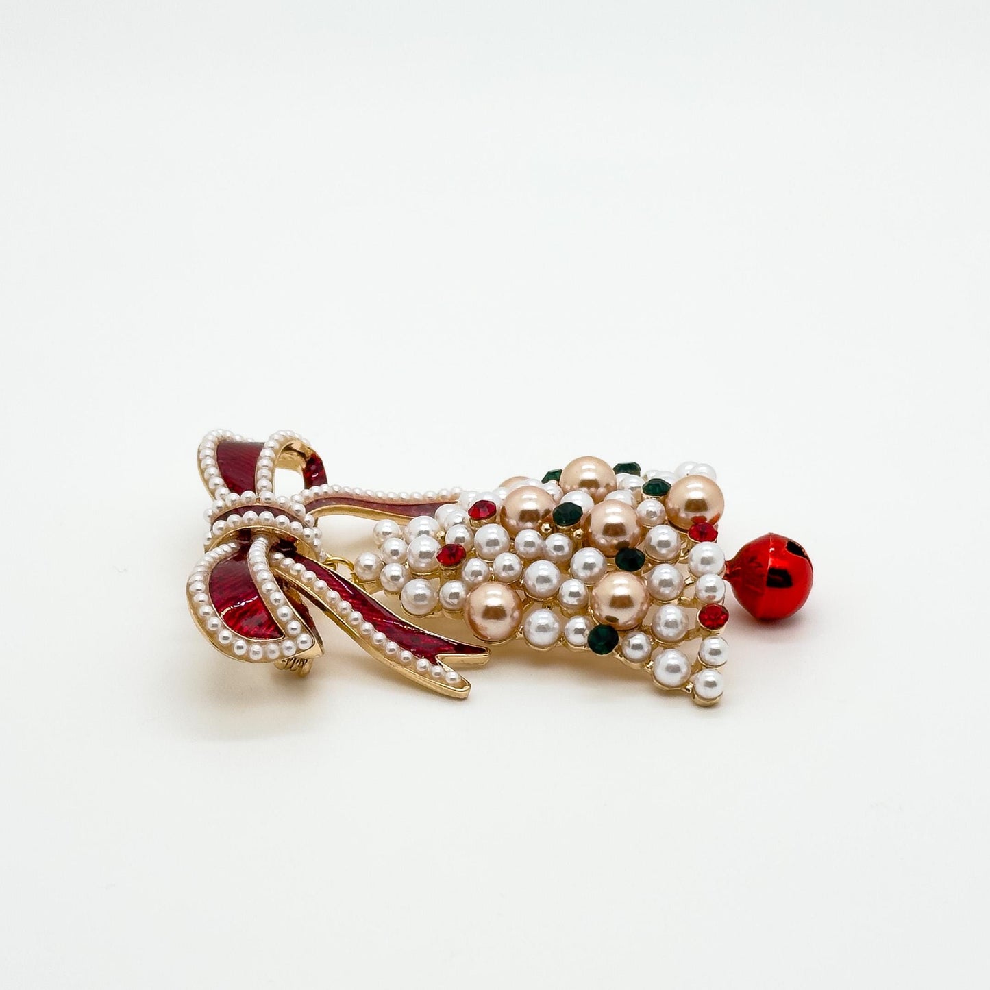 Handmade Pearl Enamel Christmas Tree Brooch with Bow Detail