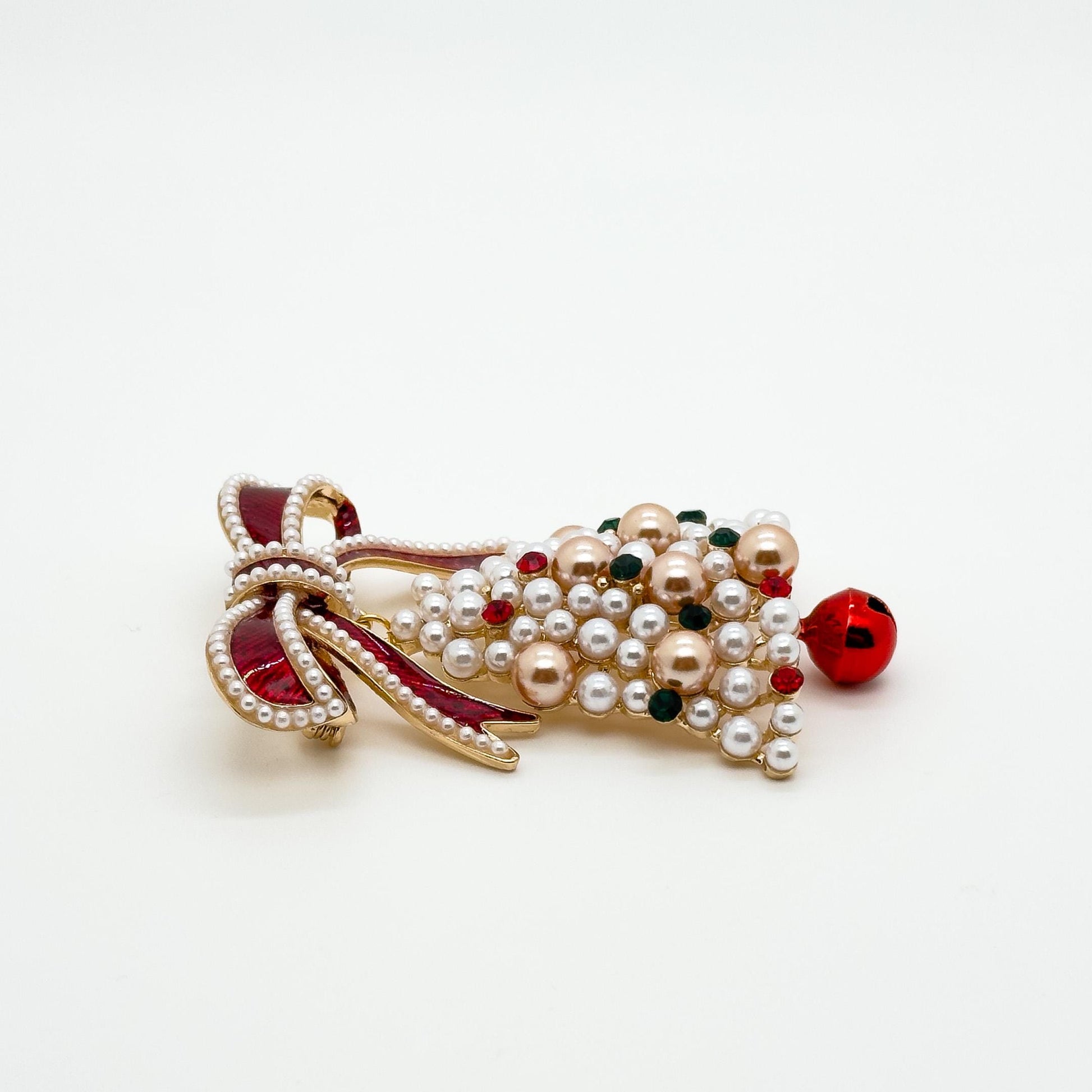 Handmade Pearl Enamel Christmas Tree Brooch with Bow Detail