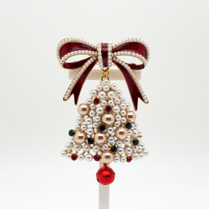 Handmade Pearl Enamel Christmas Tree Brooch with Bow Detail