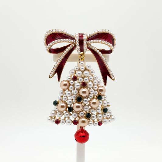 Handmade Pearl Enamel Christmas Tree Brooch with Bow Detail