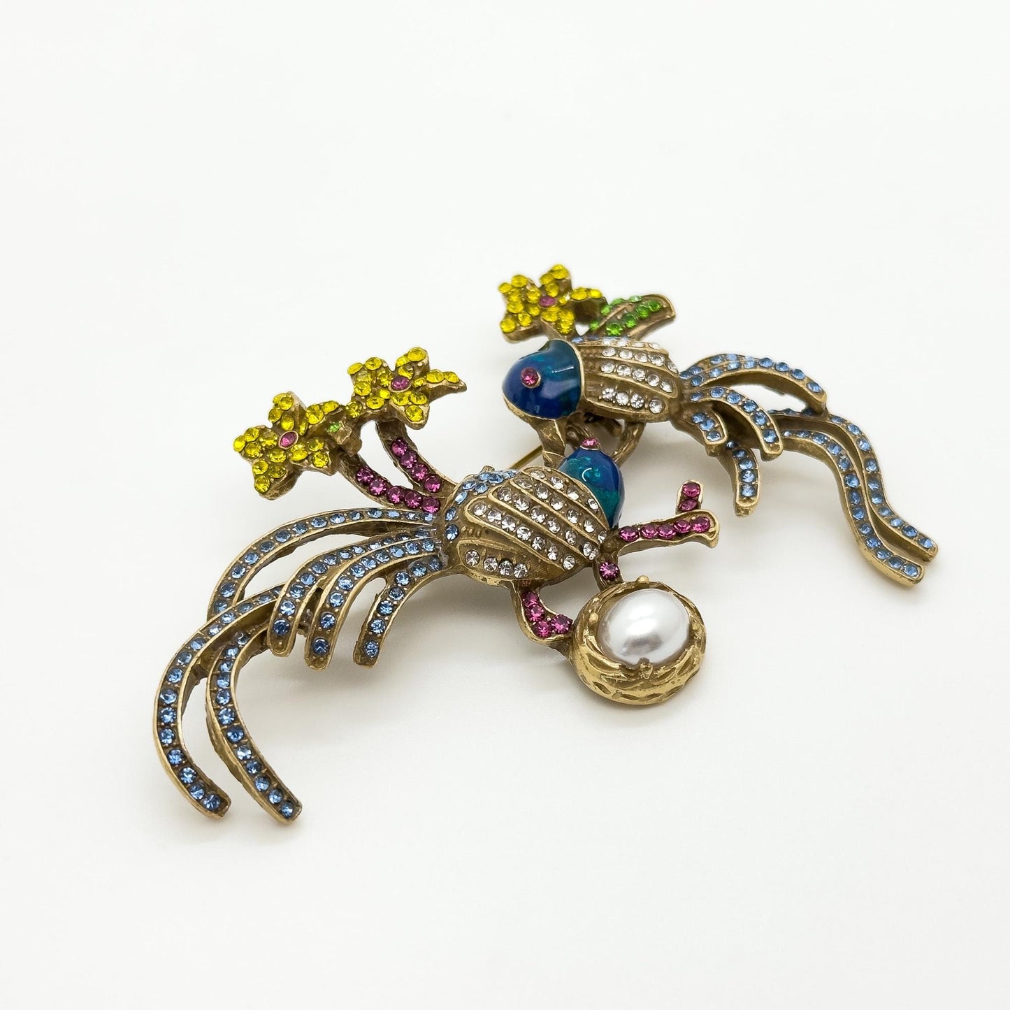 Vintage Art Deco Bird Brooch with Rhinestones and Enamel