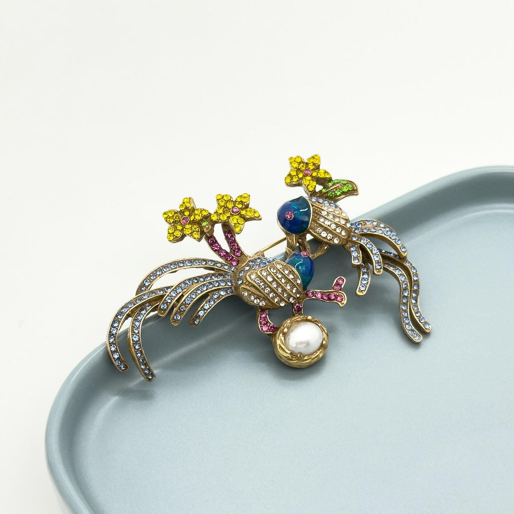 Vintage Art Deco Bird Brooch with Rhinestones and Enamel