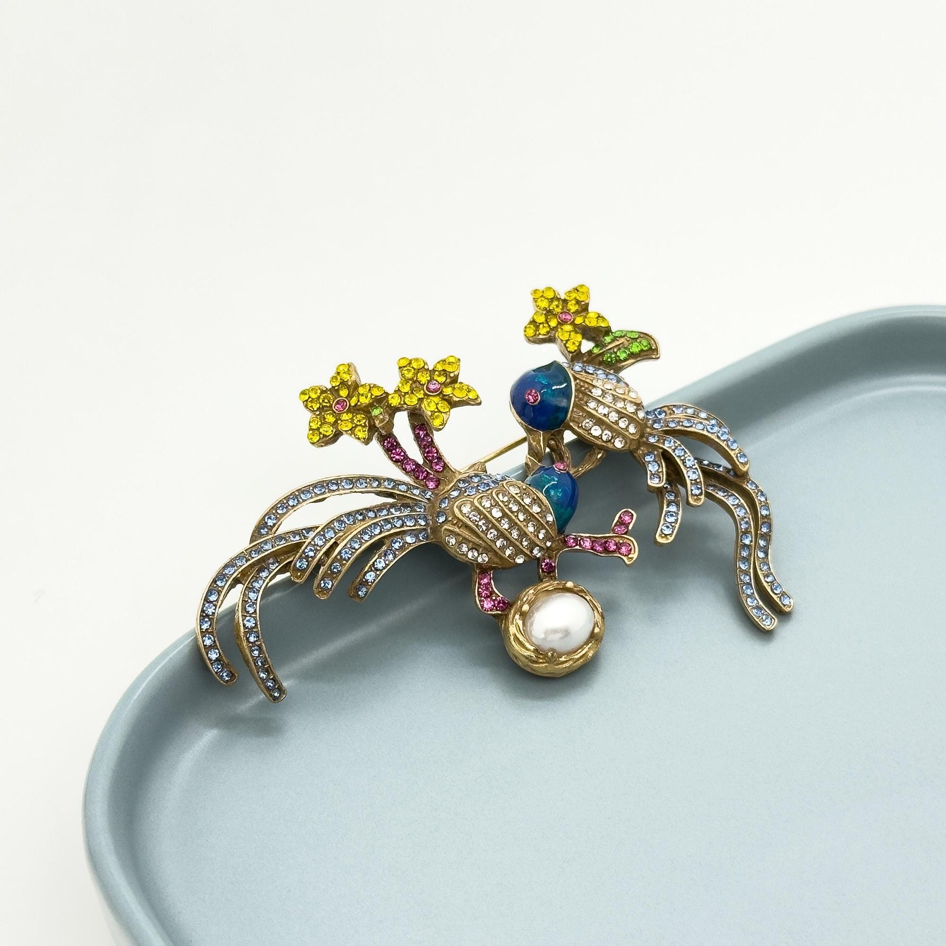 Vintage Art Deco Bird Brooch with Rhinestones and Enamel