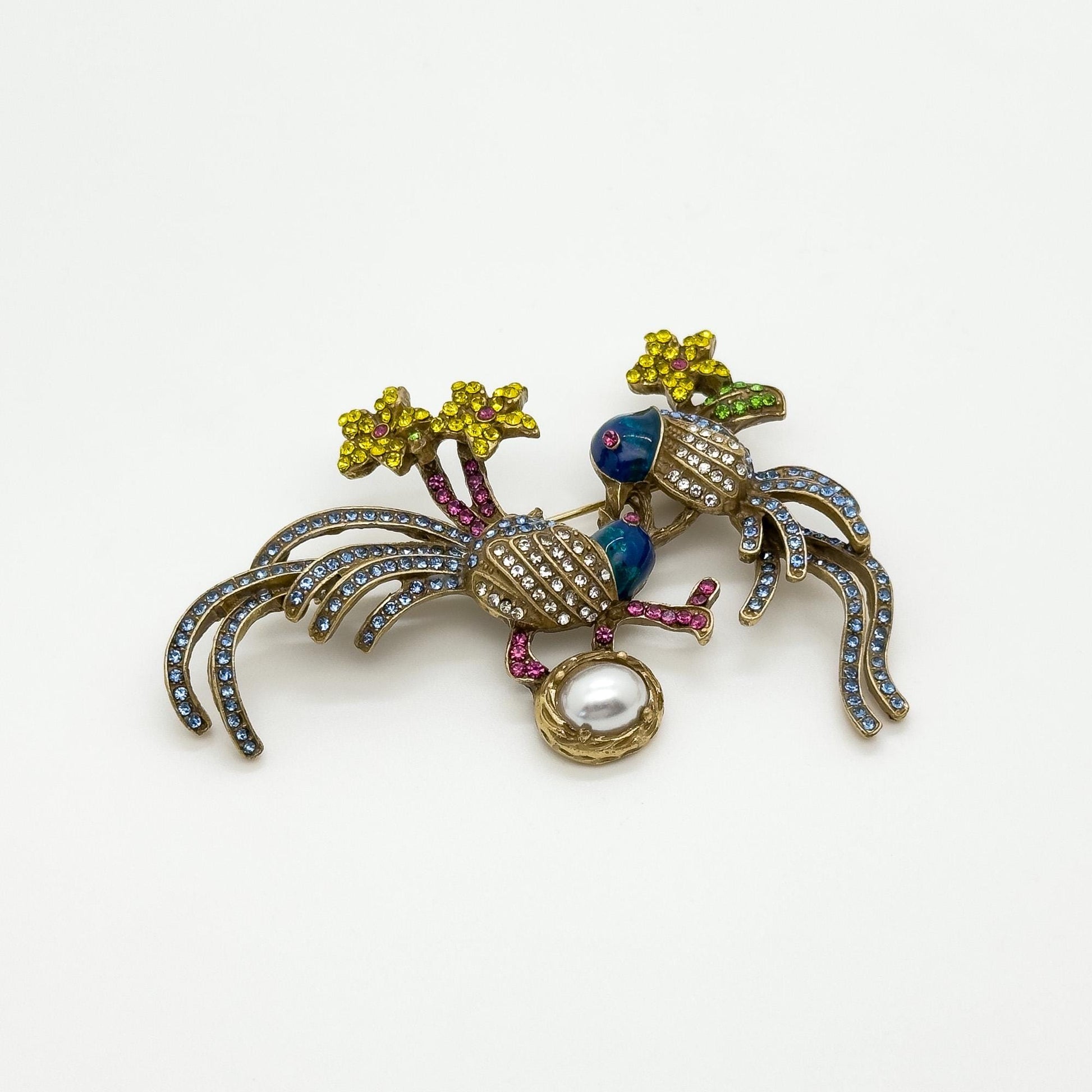 Vintage Art Deco Bird Brooch with Rhinestones and Enamel