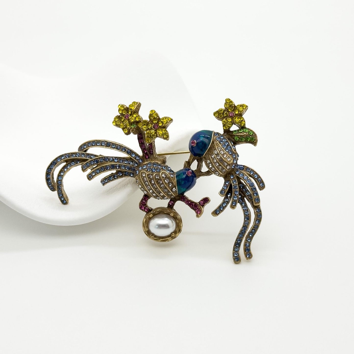 Vintage Art Deco Bird Brooch with Rhinestones and Enamel