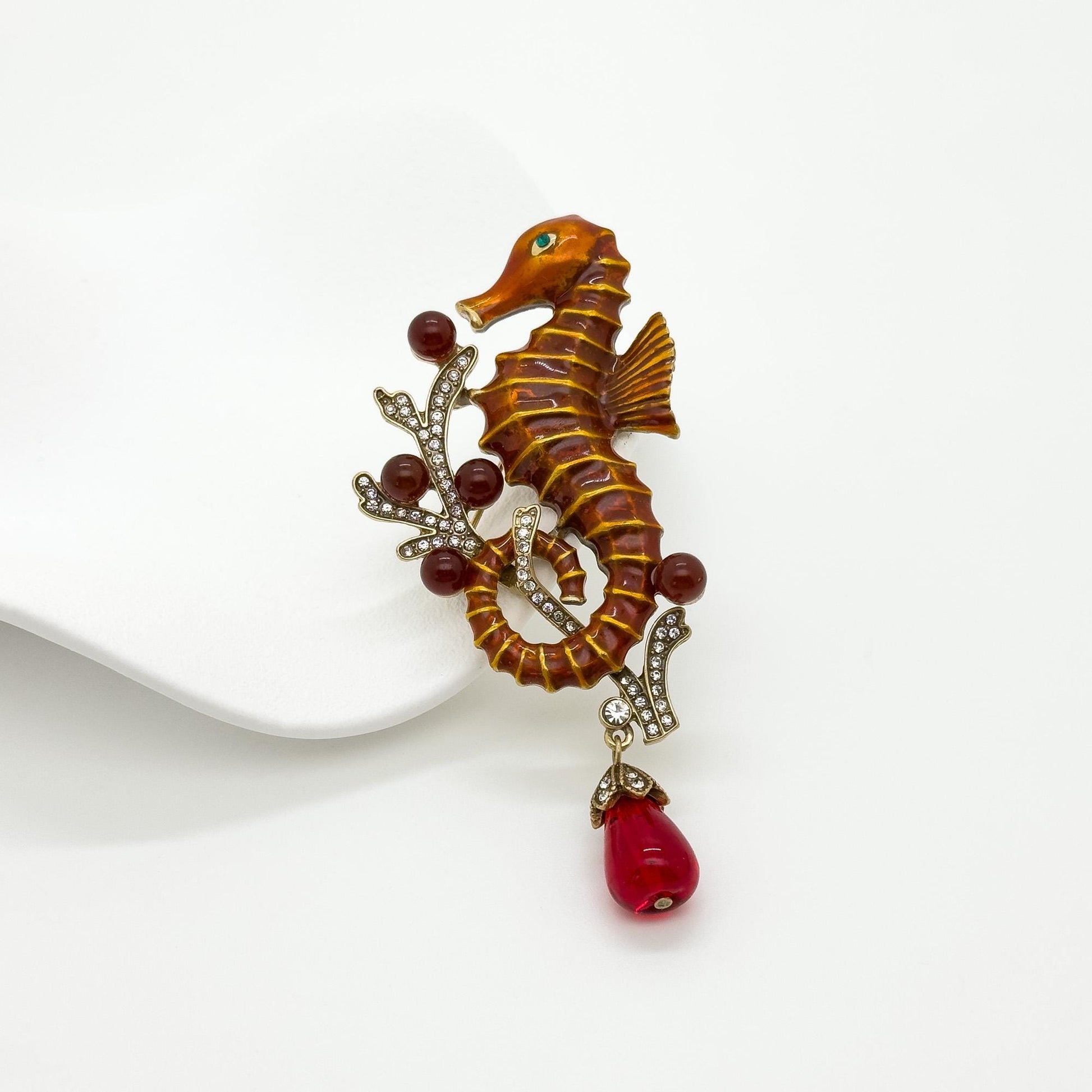 Vintage Art Deco Red Seahorse Brooch Rhinestone Enamel Copper Pin