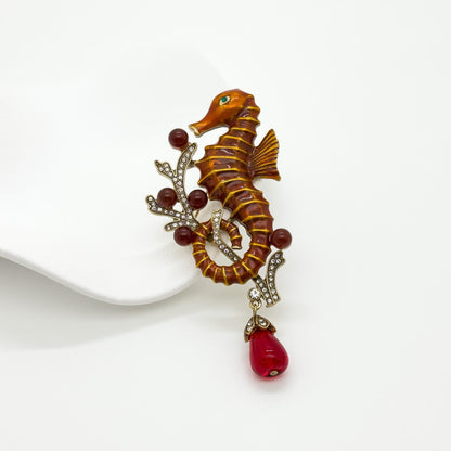 Vintage Art Deco Red Seahorse Brooch Rhinestone Enamel Copper Pin