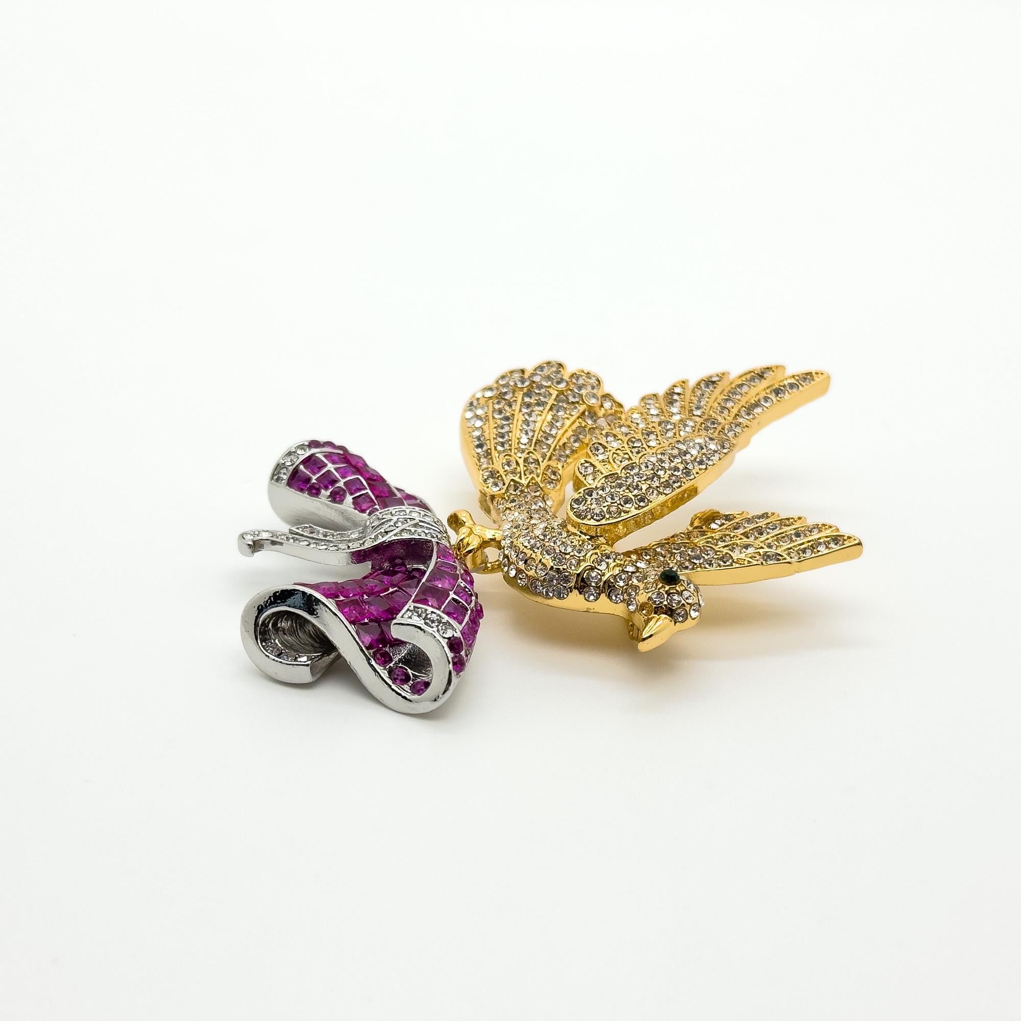 Art Deco Pigeon Bird Brooch Rhinestone Crystal Copper Pin