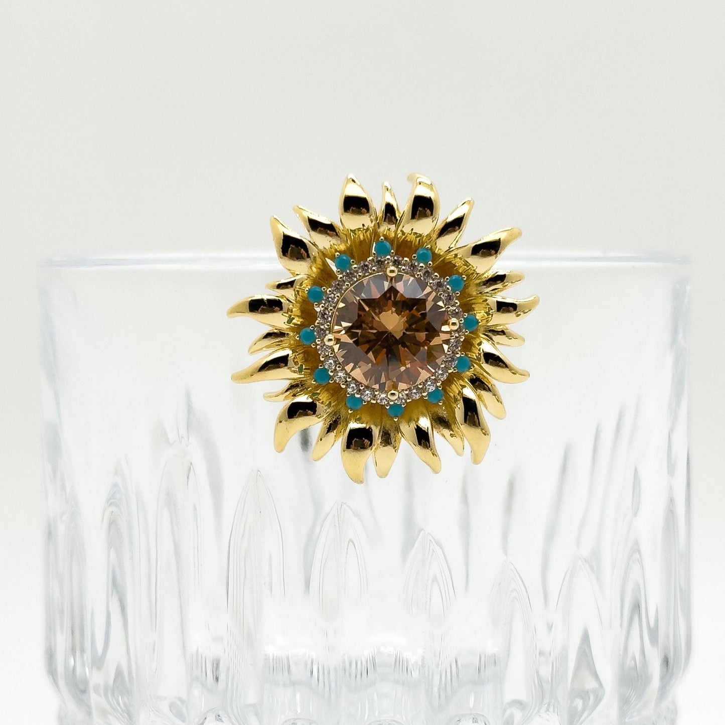 Austrian Crystal Sunflower Brooch with Rhinestones and Copper Pin