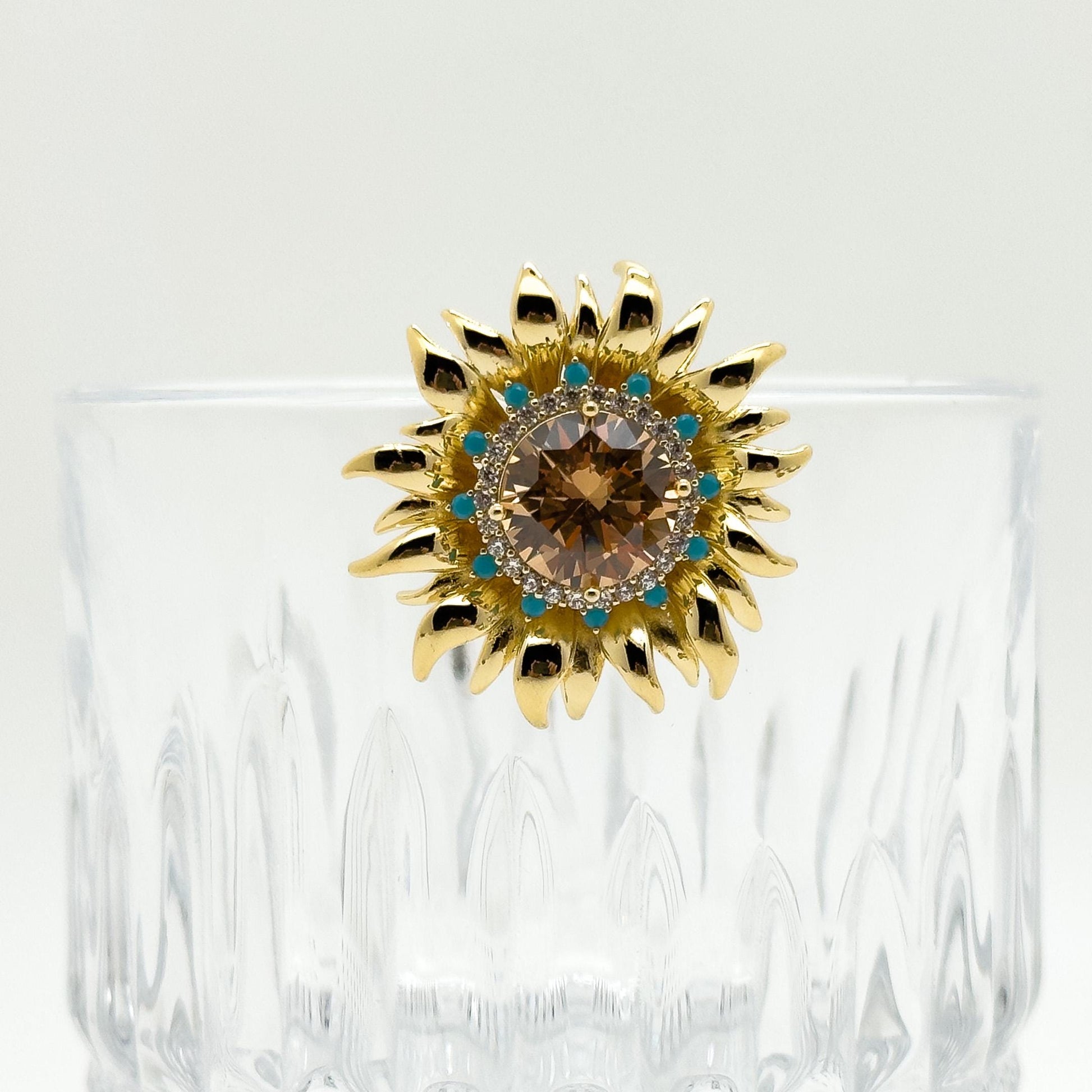 Austrian Crystal Sunflower Brooch with Rhinestones and Copper Pin