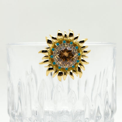 Austrian Crystal Sunflower Brooch with Rhinestones and Copper Pin