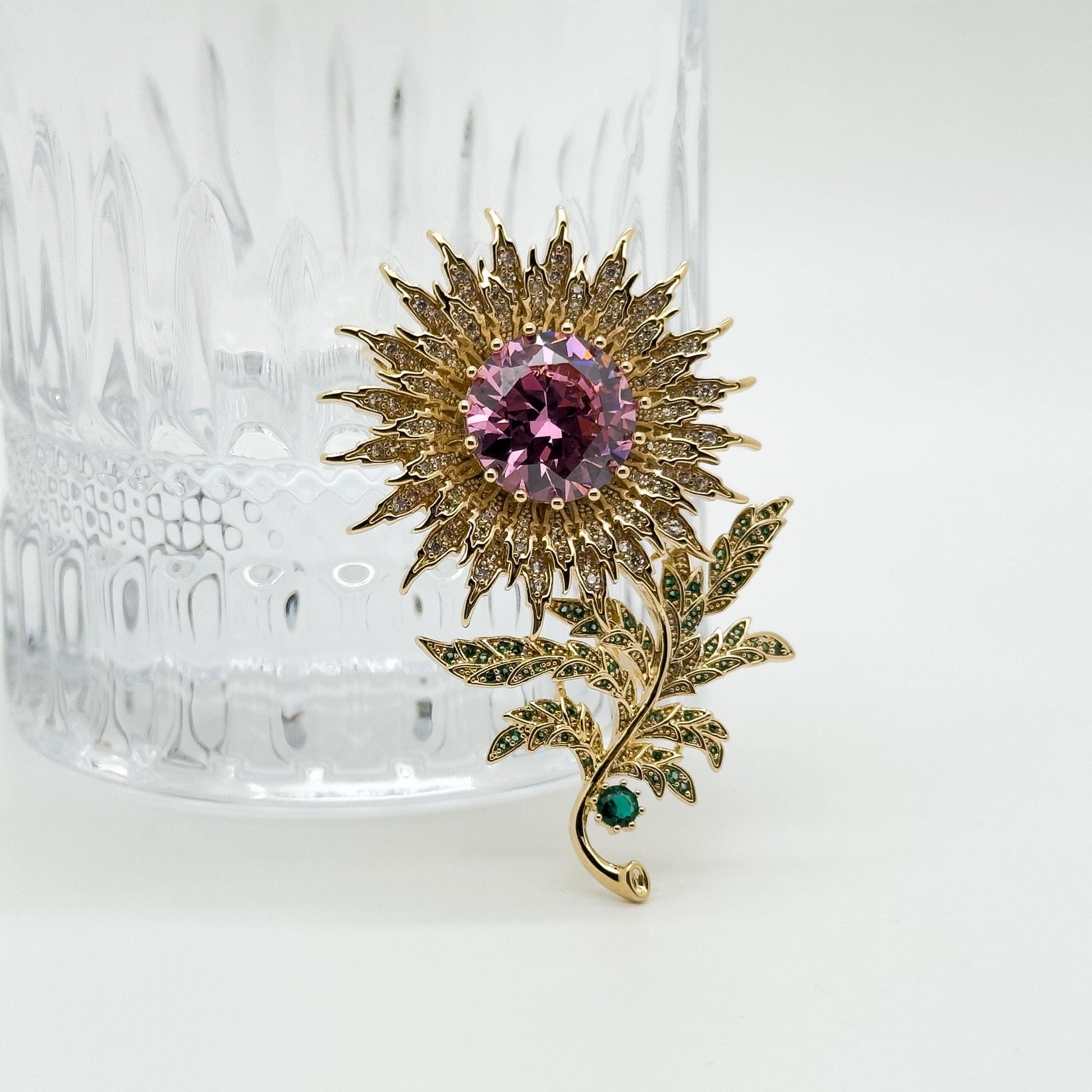 Austrian Crystal Sunflower Brooch with Rhinestones and Copper Pin