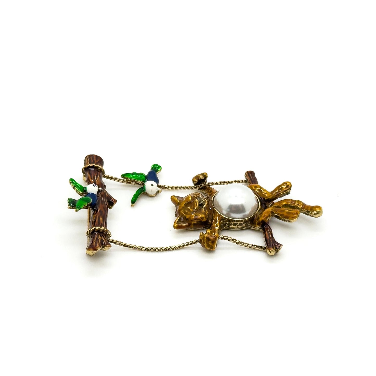 Vintage Art Deco Enamel Brooch with Pearls and Copper Details