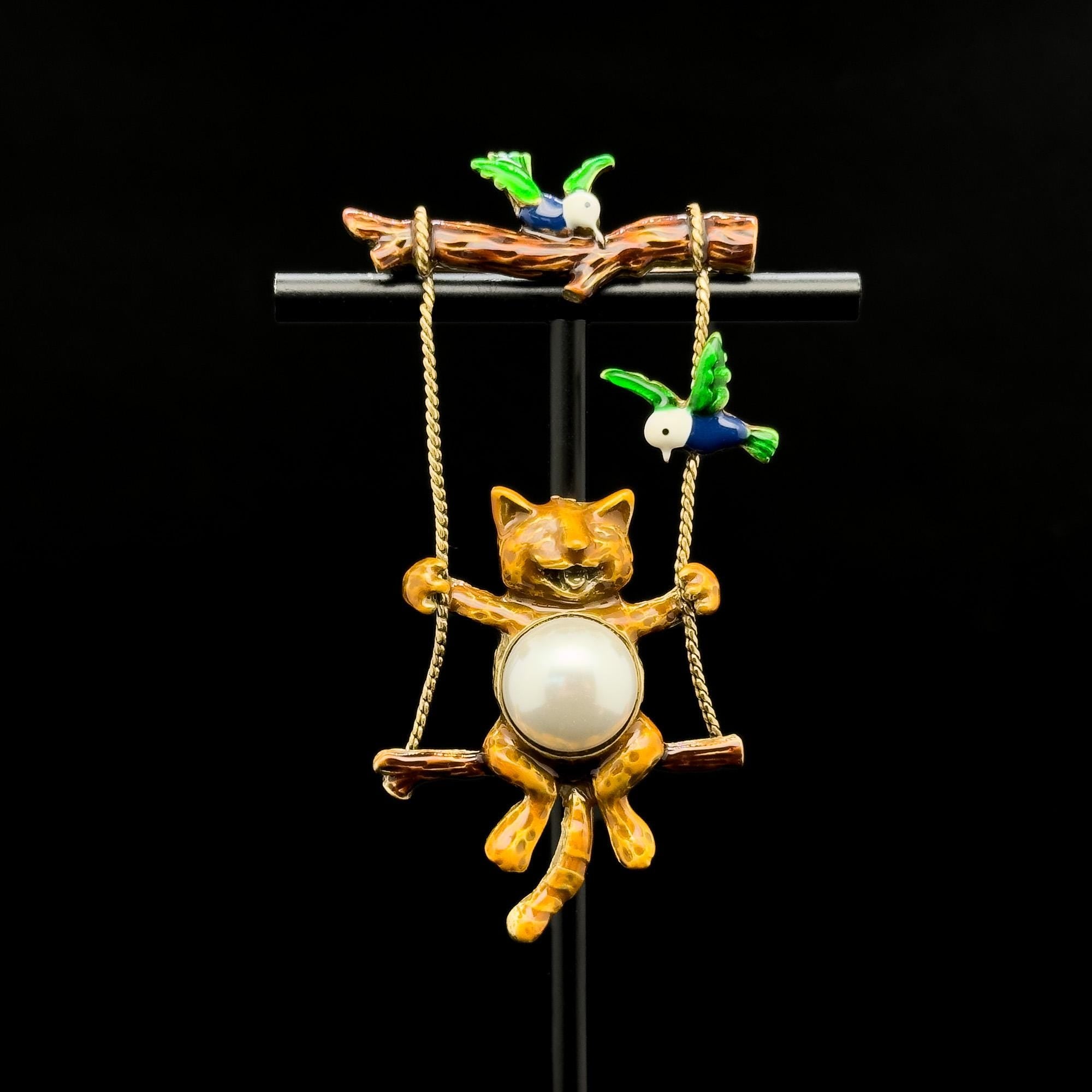 Vintage Art Deco Enamel Brooch with Pearls and Copper Details