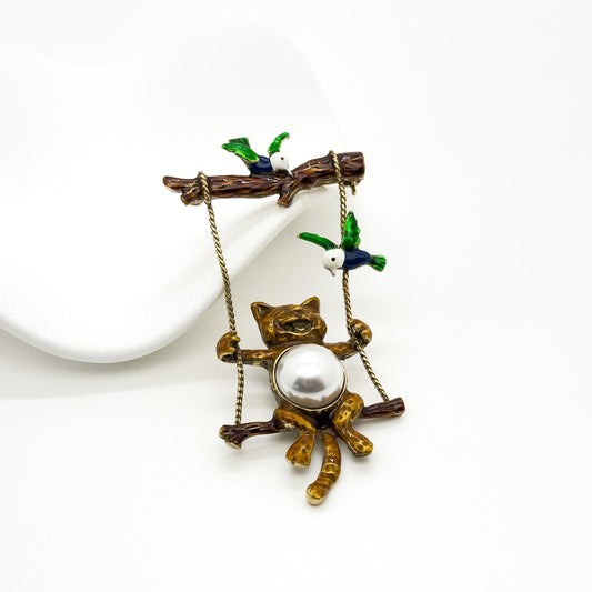 Vintage Art Deco Enamel Brooch with Pearls and Copper Details