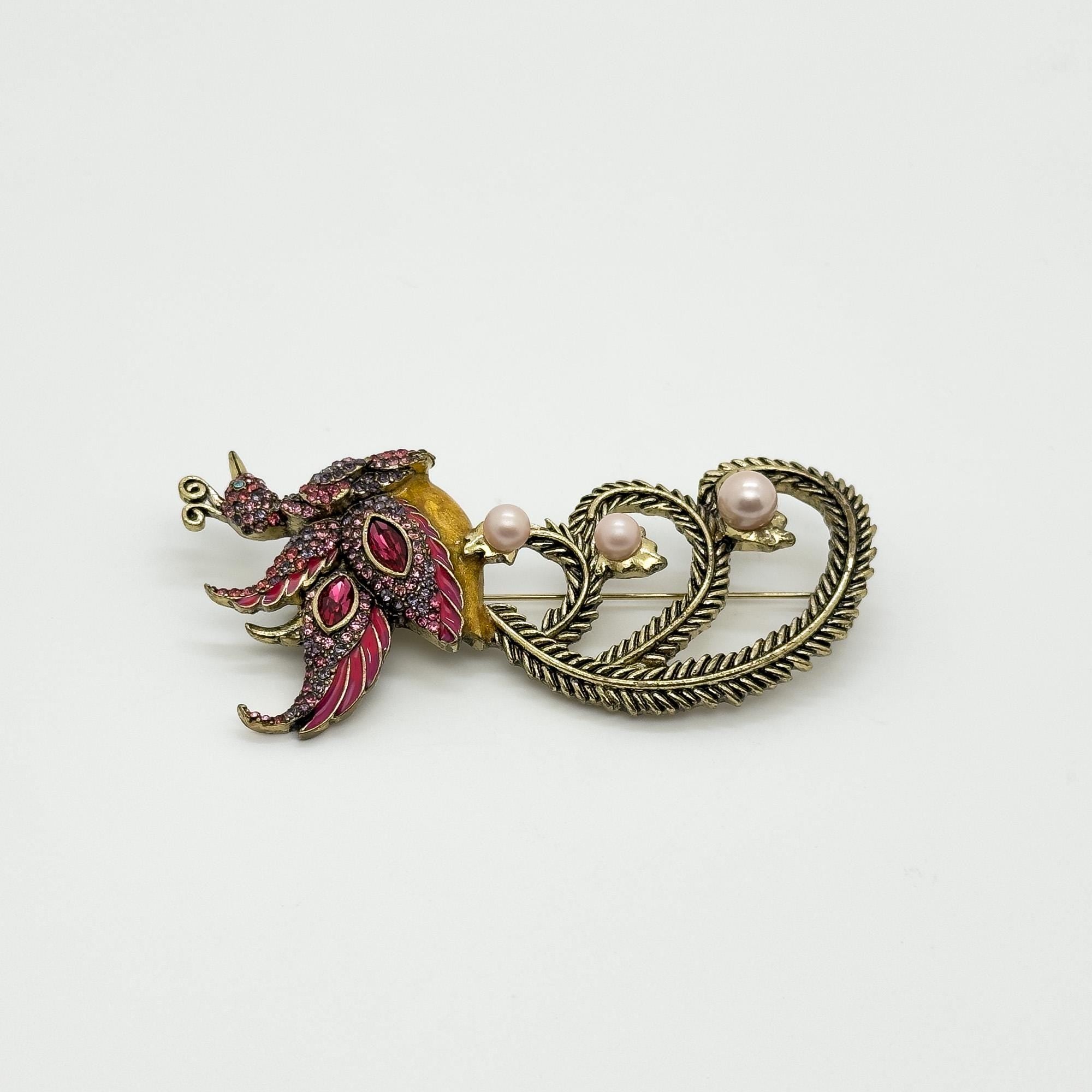 Vintage Art Deco Phoenix Bird Brooch with Zircon Pearls Copper