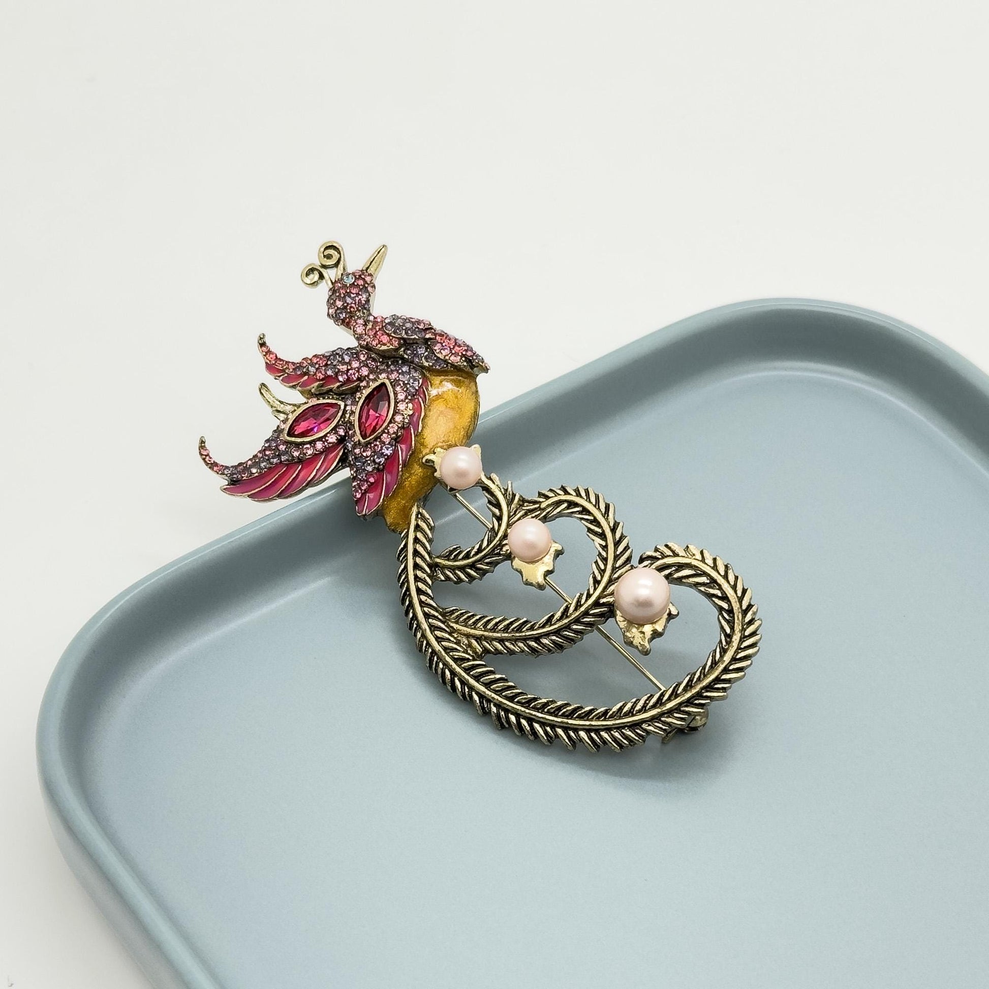 Vintage Art Deco Phoenix Bird Brooch with Zircon Pearls Copper